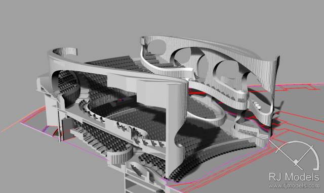 戲曲中心建筑模型的大小為1230mm X 830mm X 590mm ，歷時1個月制成。戲曲中心的外觀別樹一格，糅合了傳統與現代元素，整體屬于流線型設計，外觀如同舞臺簾幕一般。從建筑模型的設計中觀看，▲戲曲中心的結構為流線外型和內部空間， 呈現出「氣」的概念。。